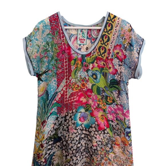 Johnny Was Tunic Dress Cupra Rayon Floral Birds Print A-Line Mini Size Small - Picture 2 of 7